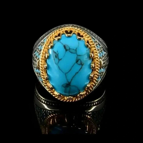New Vintage Men's Electroplated Two-tone Inlaid Turquoise Ring..NWT - Picture 2 of 6